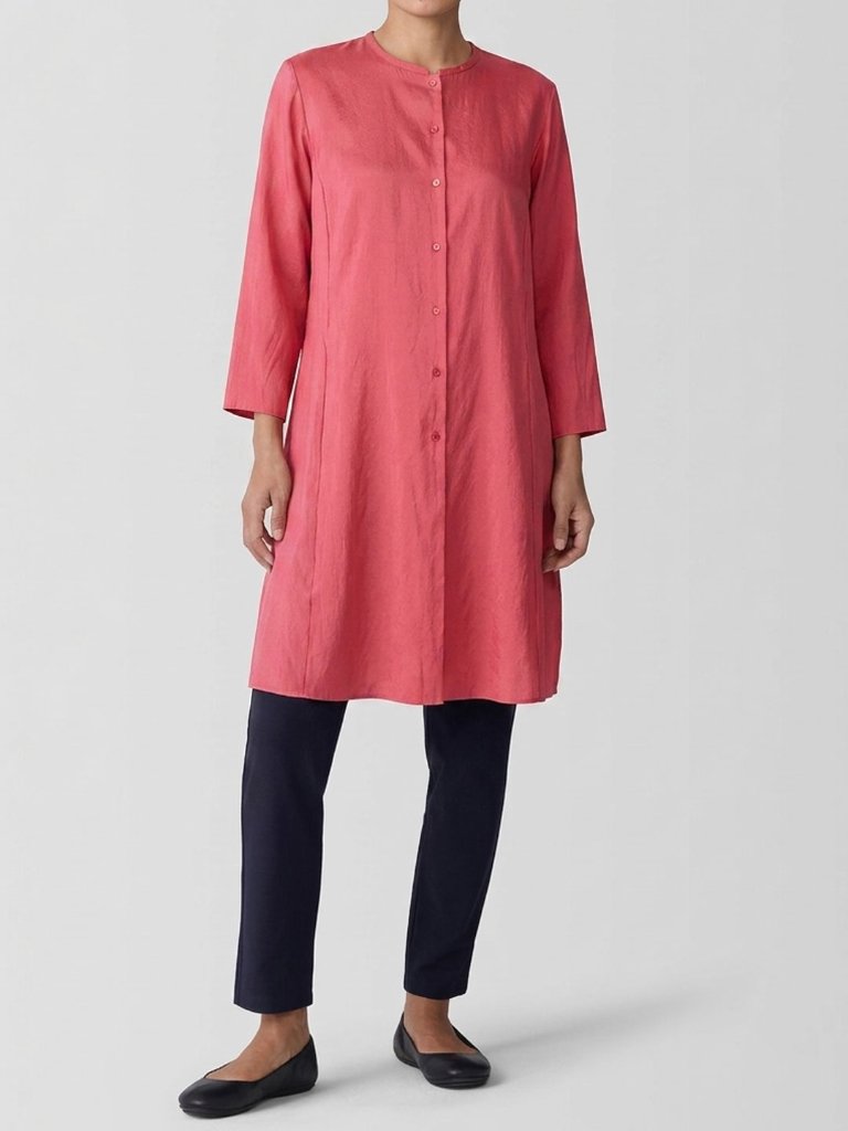 Eileen Fisher 100% Silk Band Collar Long Shirt Tunic Small
